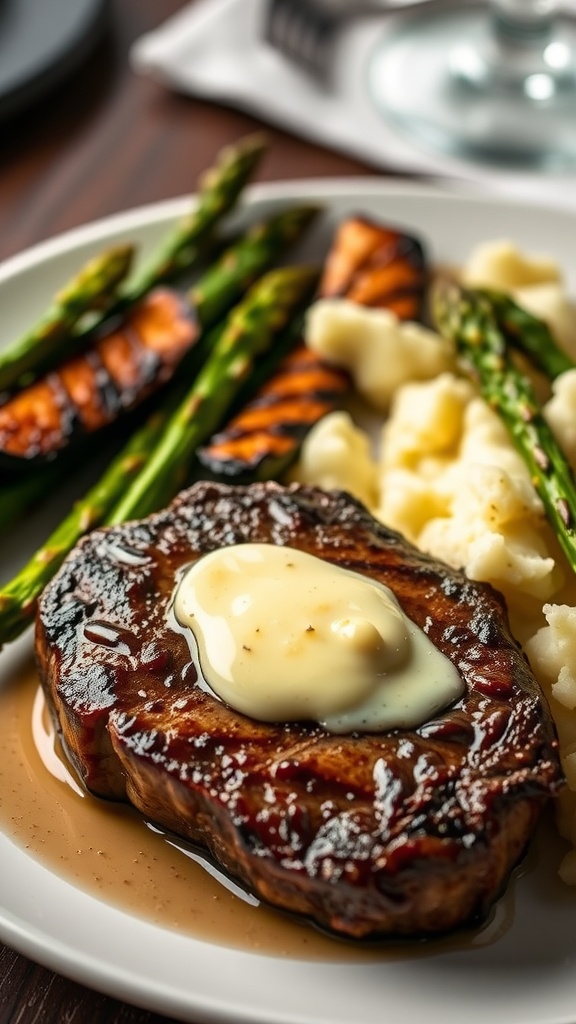Reverse-Seared Ribeye with Garlic Butter and Truffle Mashed Potatoes Plated ribeye steak with garlic butter, truffle mashed potatoes, and grilled asparagus.
